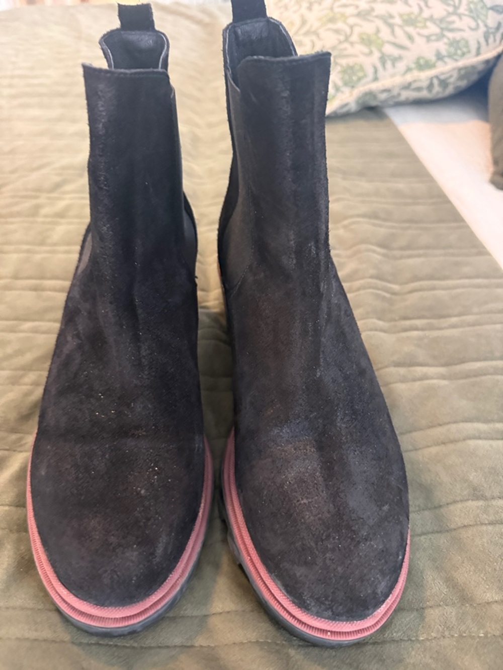 Women's Black Suede Chelsea Ankle Boots with Red Accent